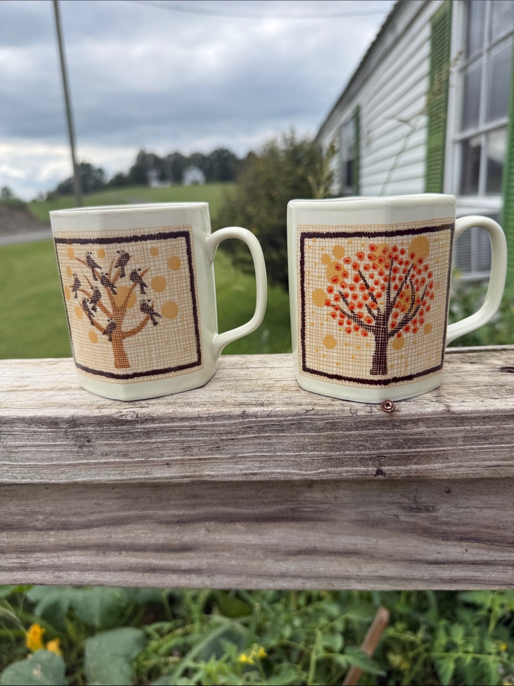Vintage Cream Mugs with Autumn Tree Motifs - Set of 2